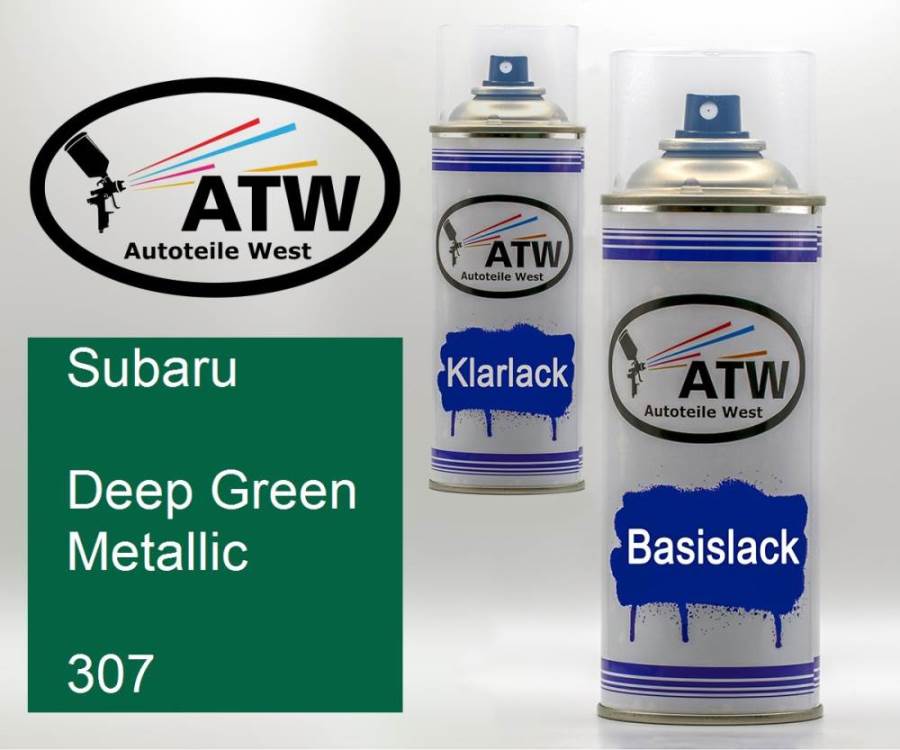 Subaru, Deep Green Metallic, 307: 400ml Sprühdose + 400ml Klarlack - Set, von ATW Autoteile West.